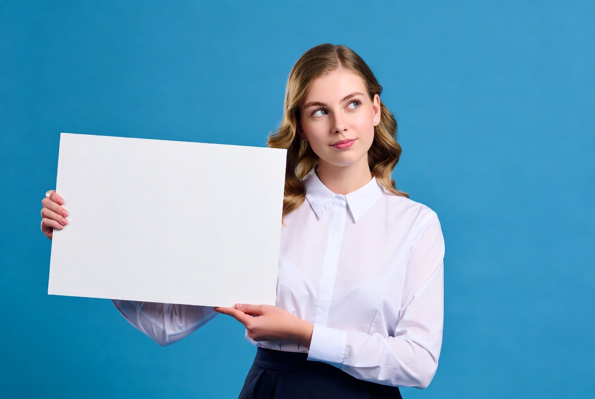 Woman holding blank sign board Woman holding blank sign board