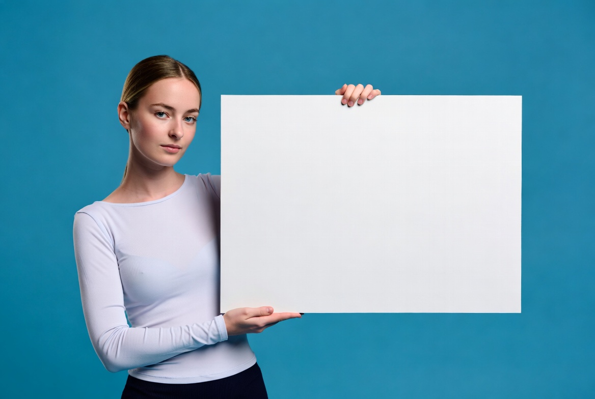Woman holding blank sign indoors Woman holding blank sign indoors
