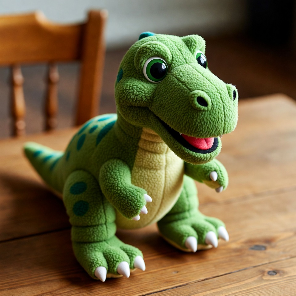 Soft green dinosaur toy on table Soft green dinosaur toy on table