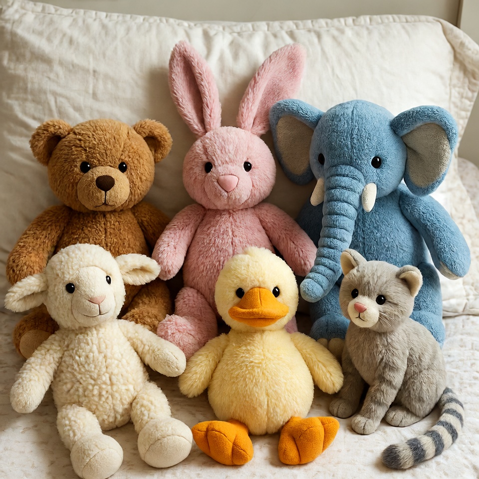 Soft plush toys on a bed Soft plush toys on a bed