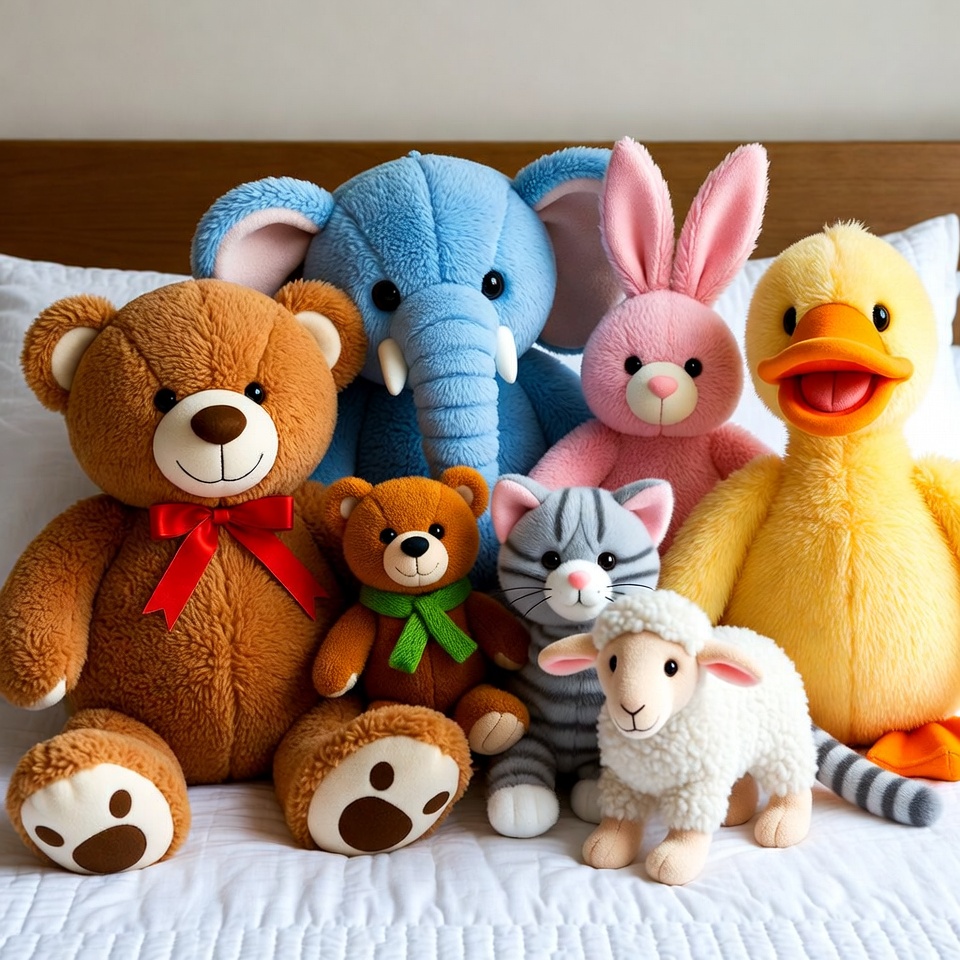 Colorful stuffed animals on a bed Colorful stuffed animals on a bed