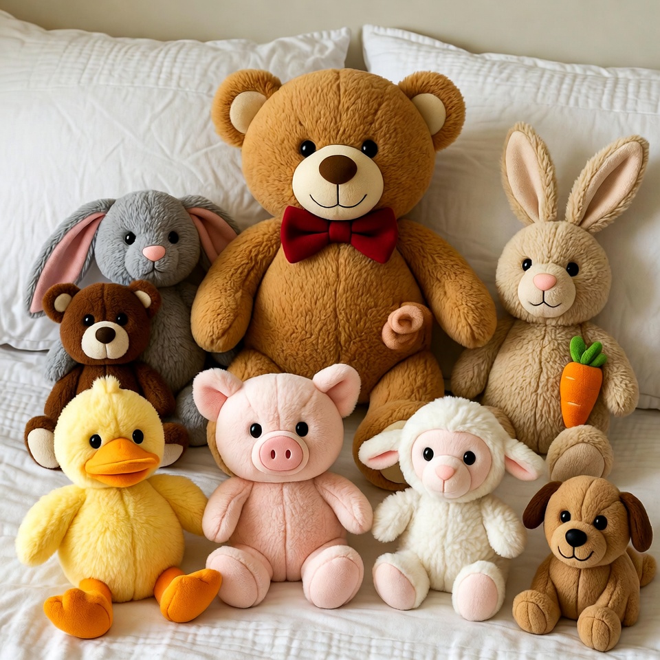 Colorful plush toys on a bed Colorful plush toys on a bed