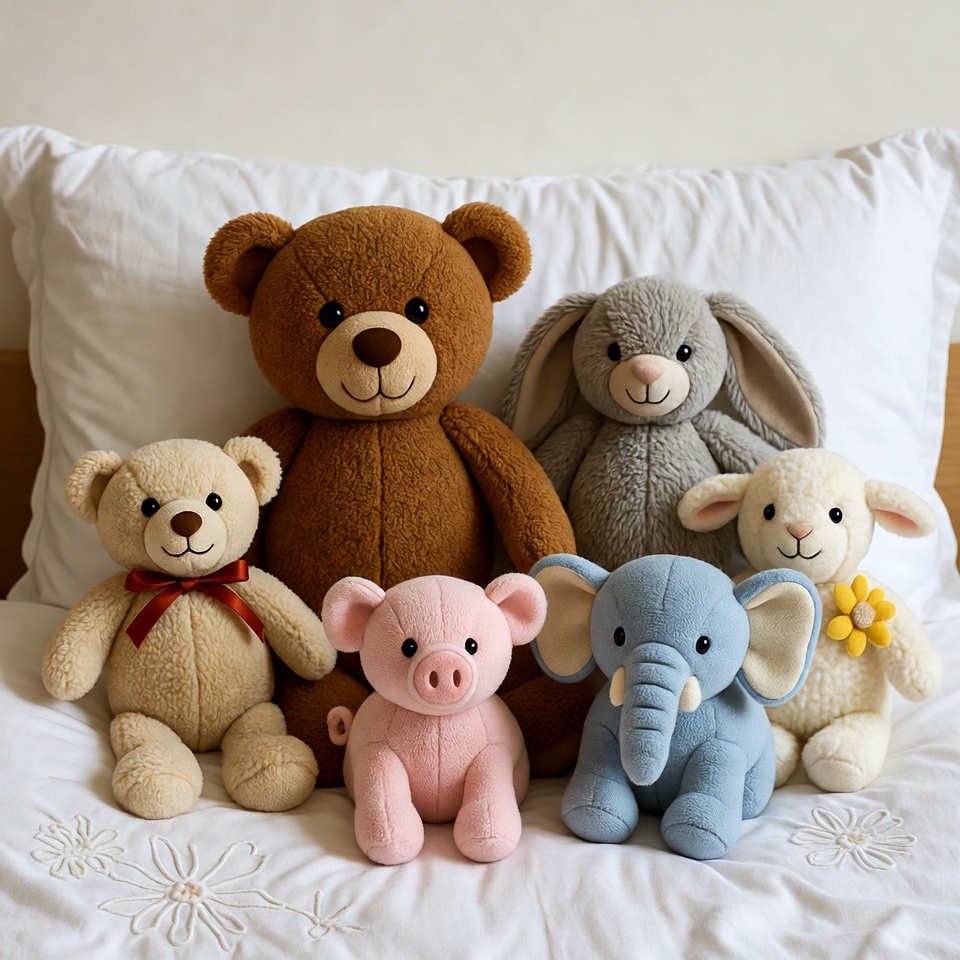 Soft toys on bed for cozy scene Soft toys on bed for cozy scene