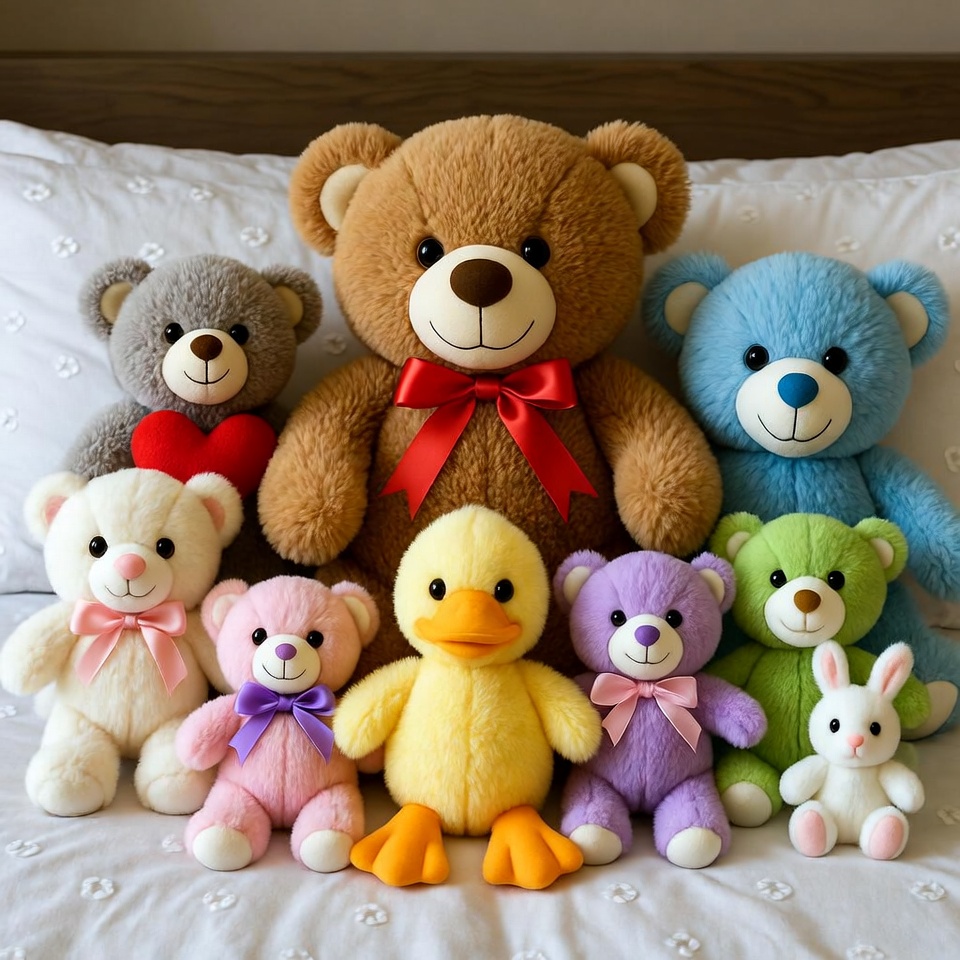 Cute plush toys collection on bed Cute plush toys collection on bed