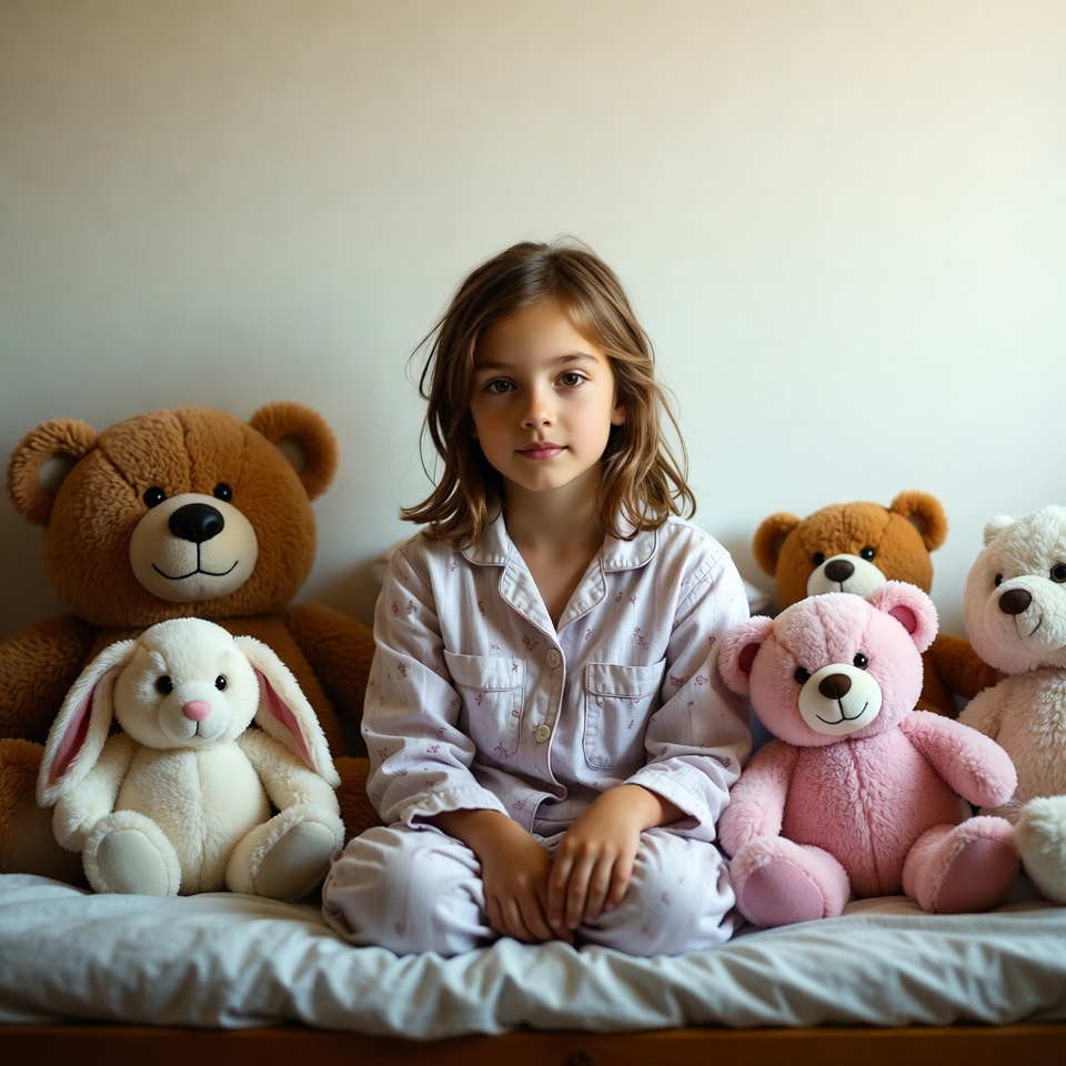 Child surrounded by stuffed animals Child surrounded by stuffed animals