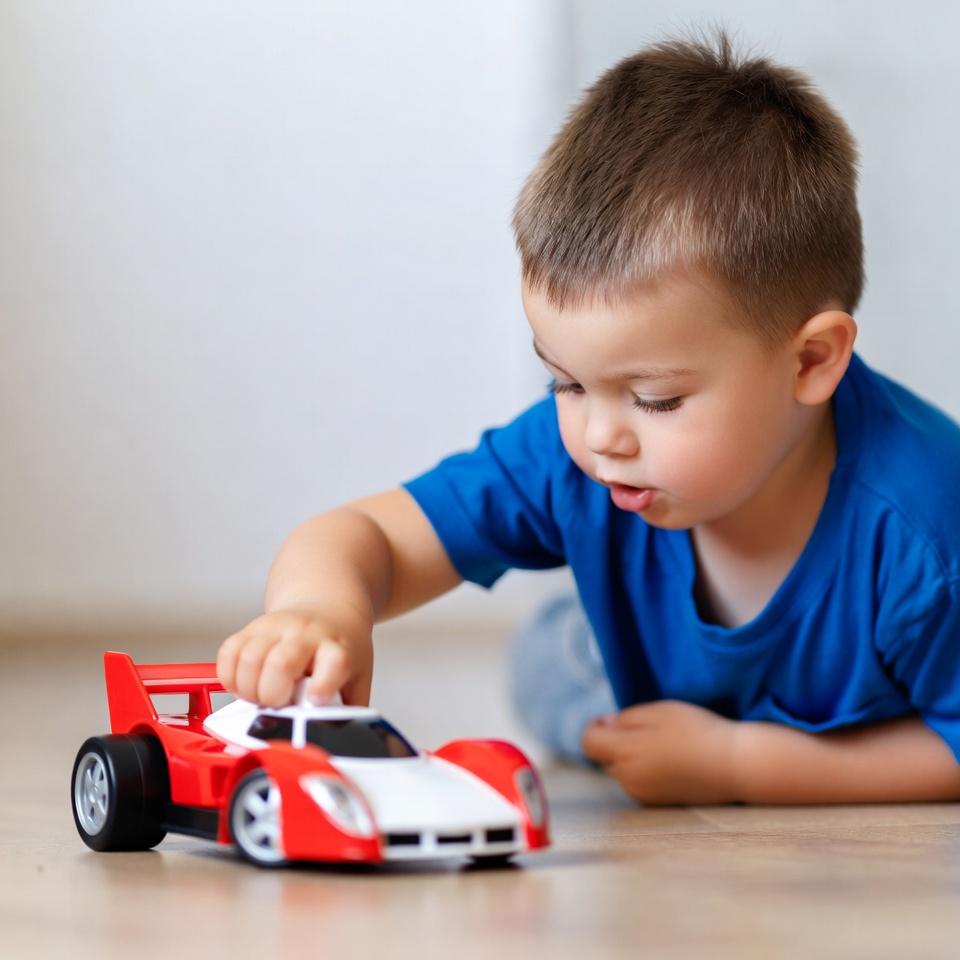 Young boy plays with toy race car Young boy plays with toy race car