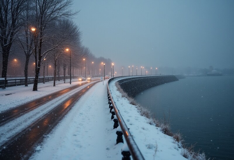 Snowy riverside road at dusk Snowy riverside road at dusk