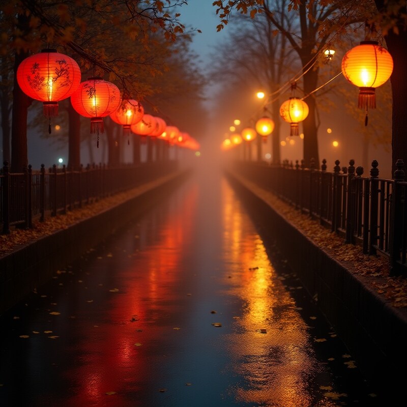 Lanterns shine in foggy park Lanterns shine in foggy park