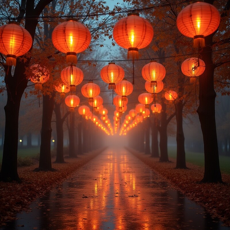 Lanterns illuminate foggy path at night Lanterns illuminate foggy path at night