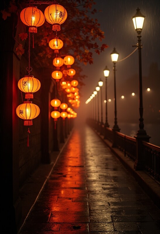 Lanterns glow along foggy path Lanterns glow along foggy path