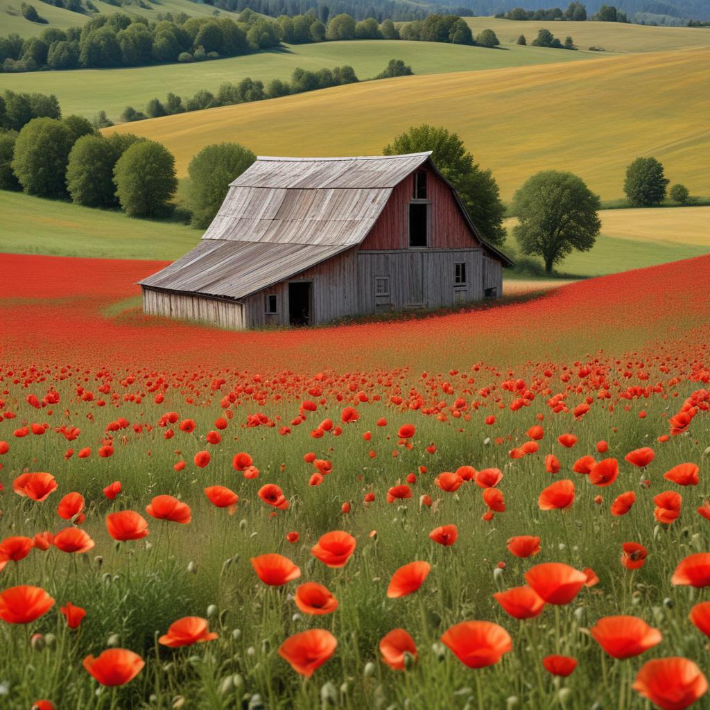 Barn surrounded by vibrant poppy field Barn surrounded by vibrant poppy field