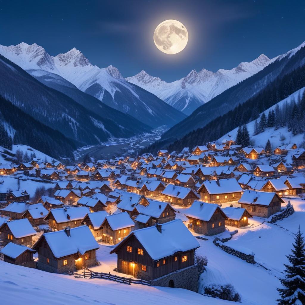 Snowy village under a full moon Snowy village under a full moon