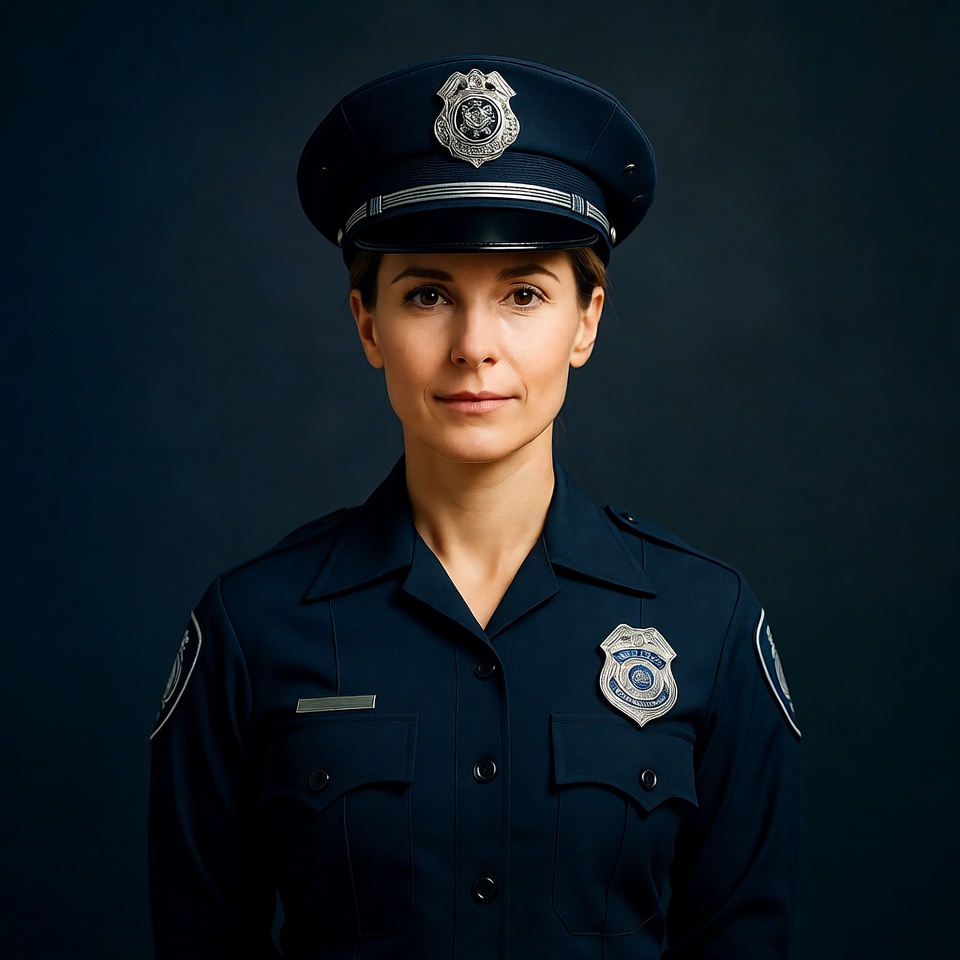 Police officer in uniform smiles confidently Police officer in uniform smiles confidently