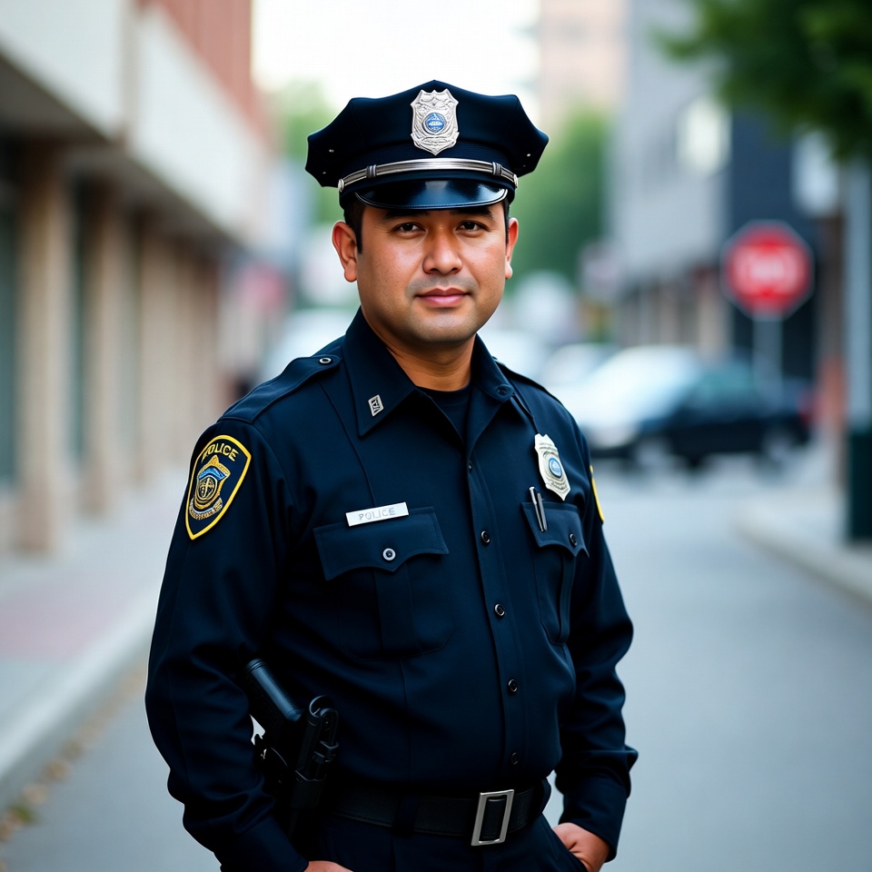 Police officer stands confidently in city Police officer stands confidently in city