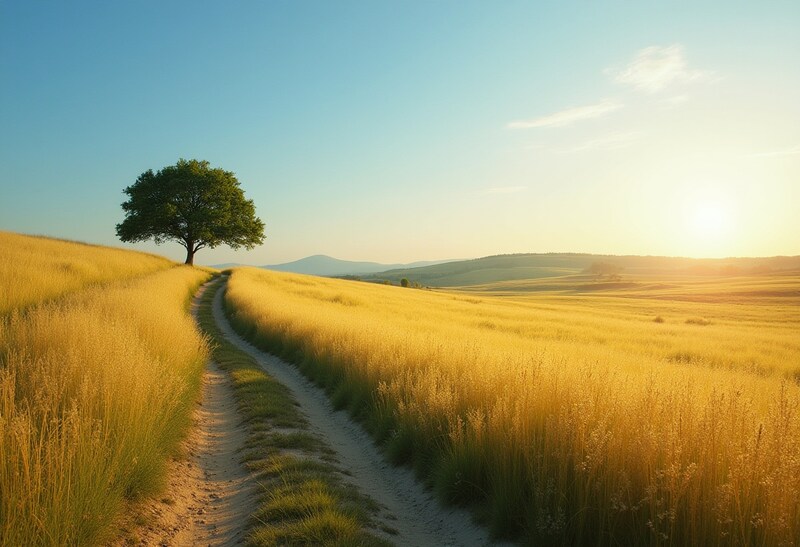 Golden fields and lonely tree at sunset Golden fields and lonely tree at sunset