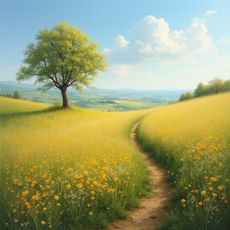 Serene meadow with winding path Serene meadow with winding path