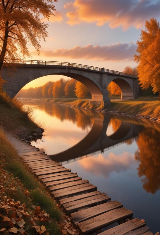 Scenic autumn bridge reflection at sunset Scenic autumn bridge reflection at sunset