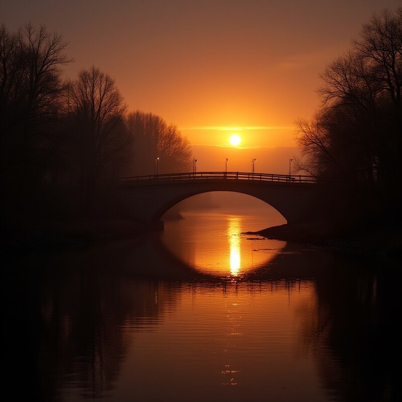 Sunset over tranquil river bridge Sunset over tranquil river bridge