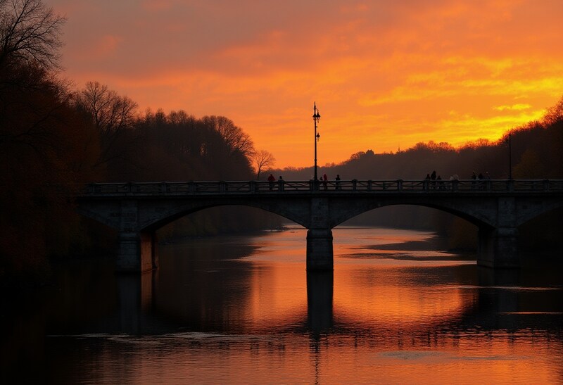 Sunset over flowing river and bridge Sunset over flowing river and bridge