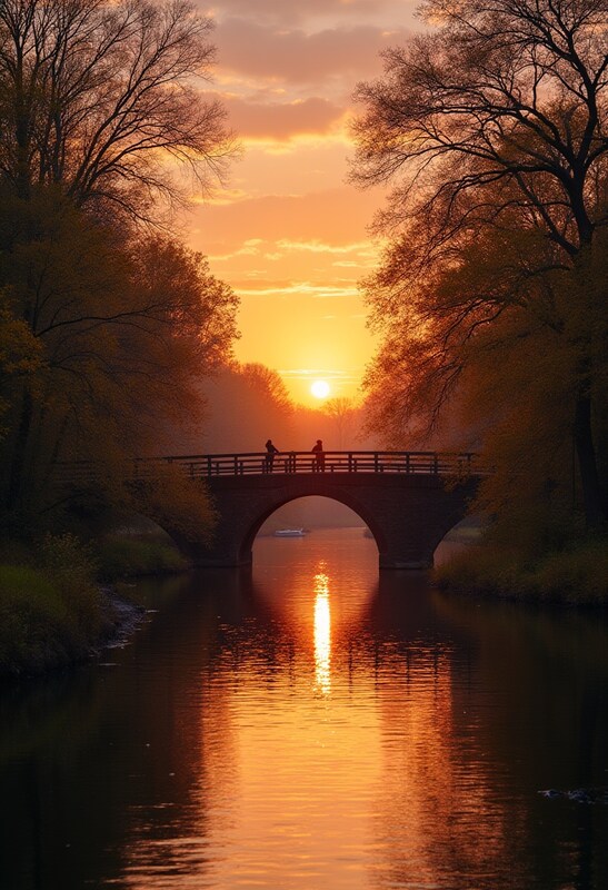 Sunset over peaceful river bridge Sunset over peaceful river bridge