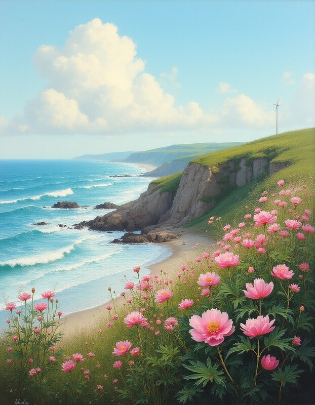 Coastal view with blossoming flowers Coastal view with blossoming flowers