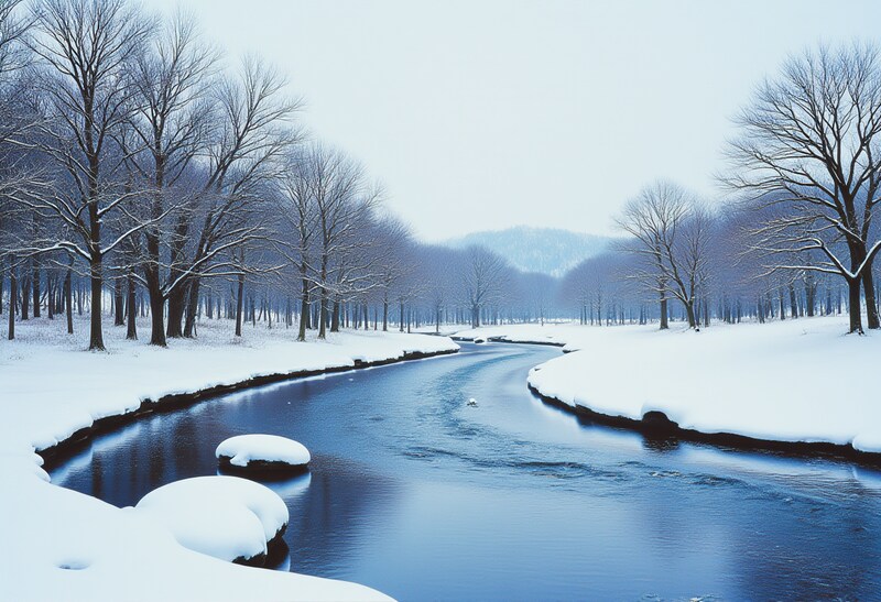 Winter river landscape with snow Winter river landscape with snow