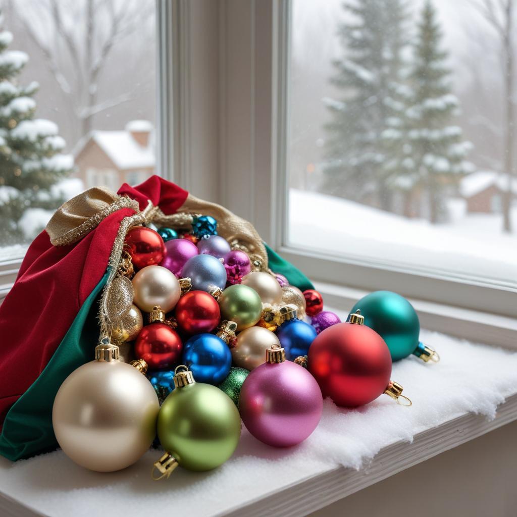 Colorful christmas ornaments on window sill Colorful christmas ornaments on window sill