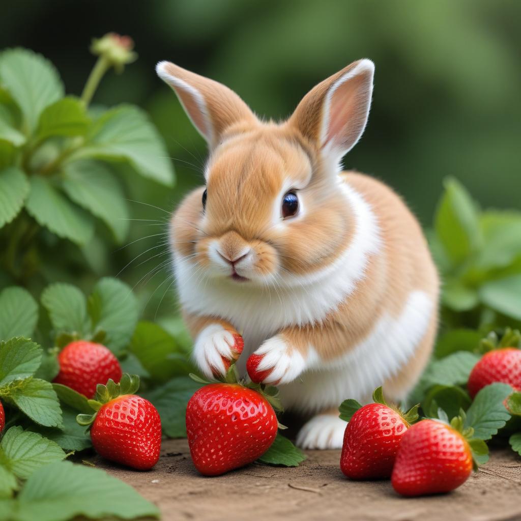 Cute rabbit enjoying fresh strawberries Cute rabbit enjoying fresh strawberries