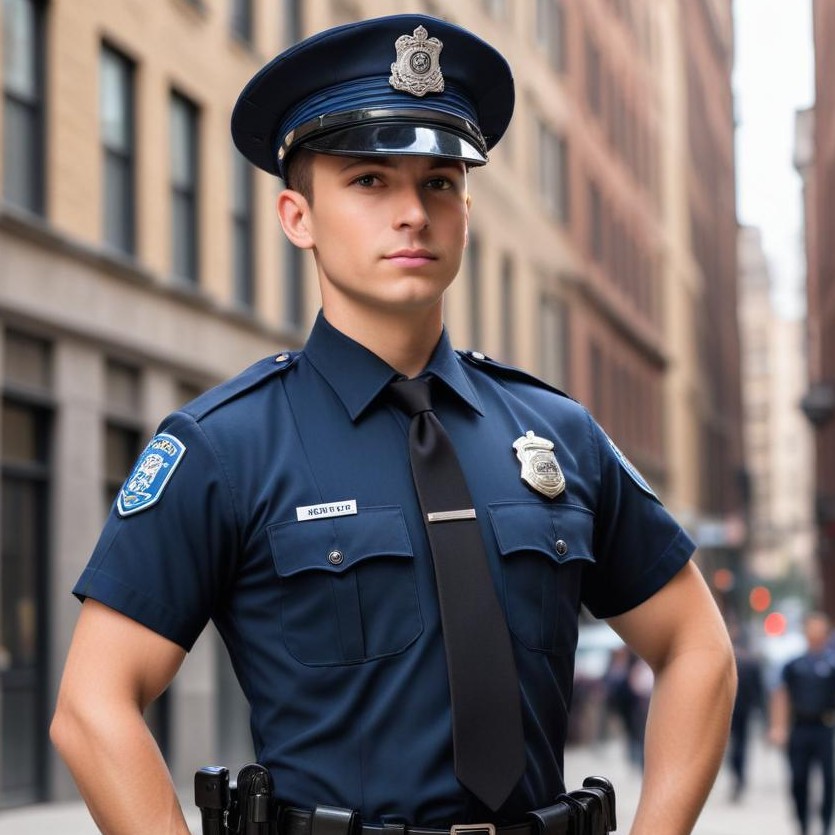 Police officer stands confidently in city Police officer stands confidently in city