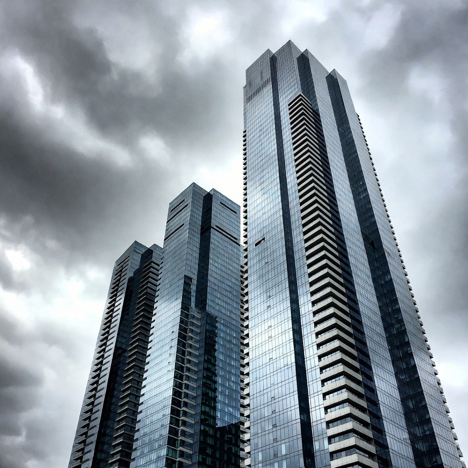 Modern skyscrapers under cloudy sky Modern skyscrapers under cloudy sky