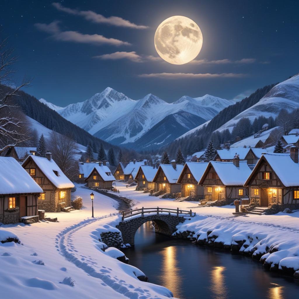 Snowy village under the full moon Snowy village under the full moon