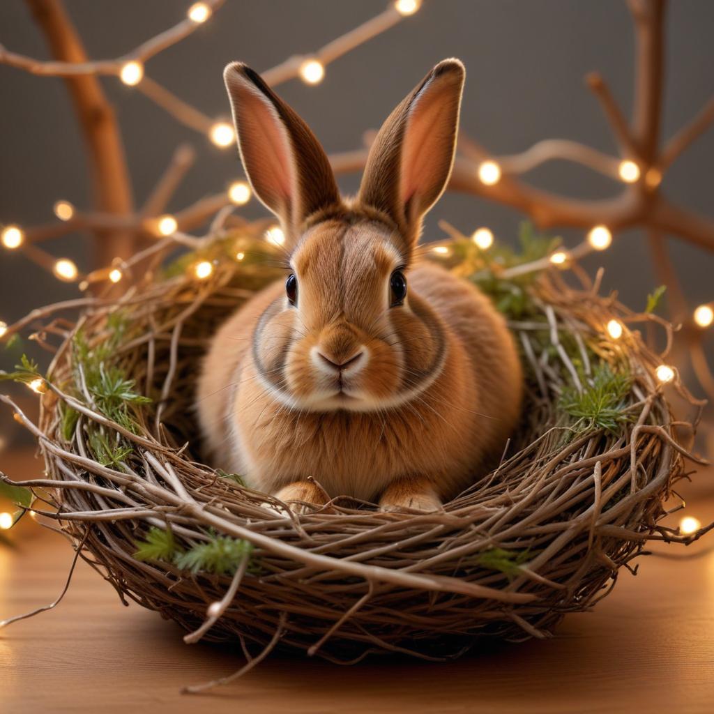 Cute rabbit in cozy nest with lights Cute rabbit in cozy nest with lights