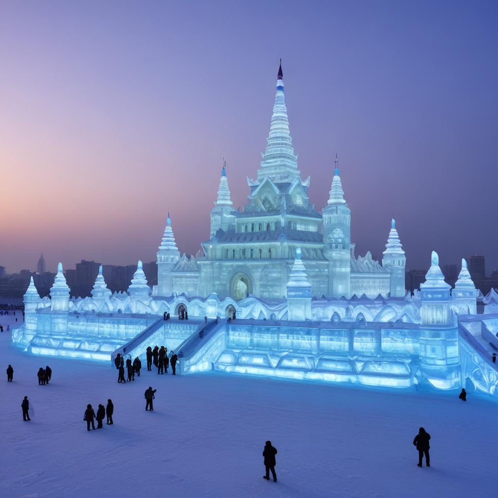 Ice castle at sunset in winter Ice castle at sunset in winter