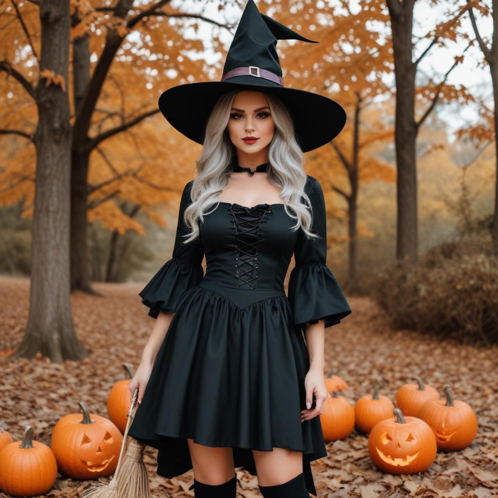 Witch in autumn forest with pumpkins Witch in autumn forest with pumpkins