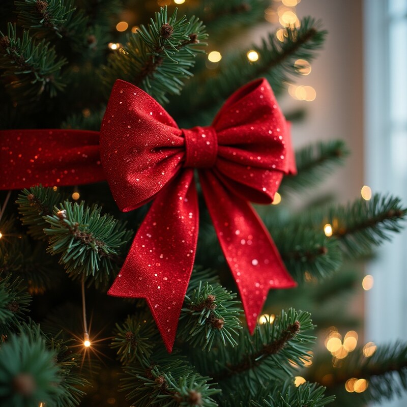 Festive red bow on christmas tree Festive red bow on christmas tree