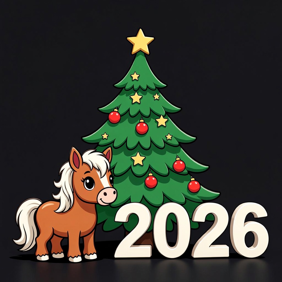Cute pony next to christmas tree Cute pony next to christmas tree