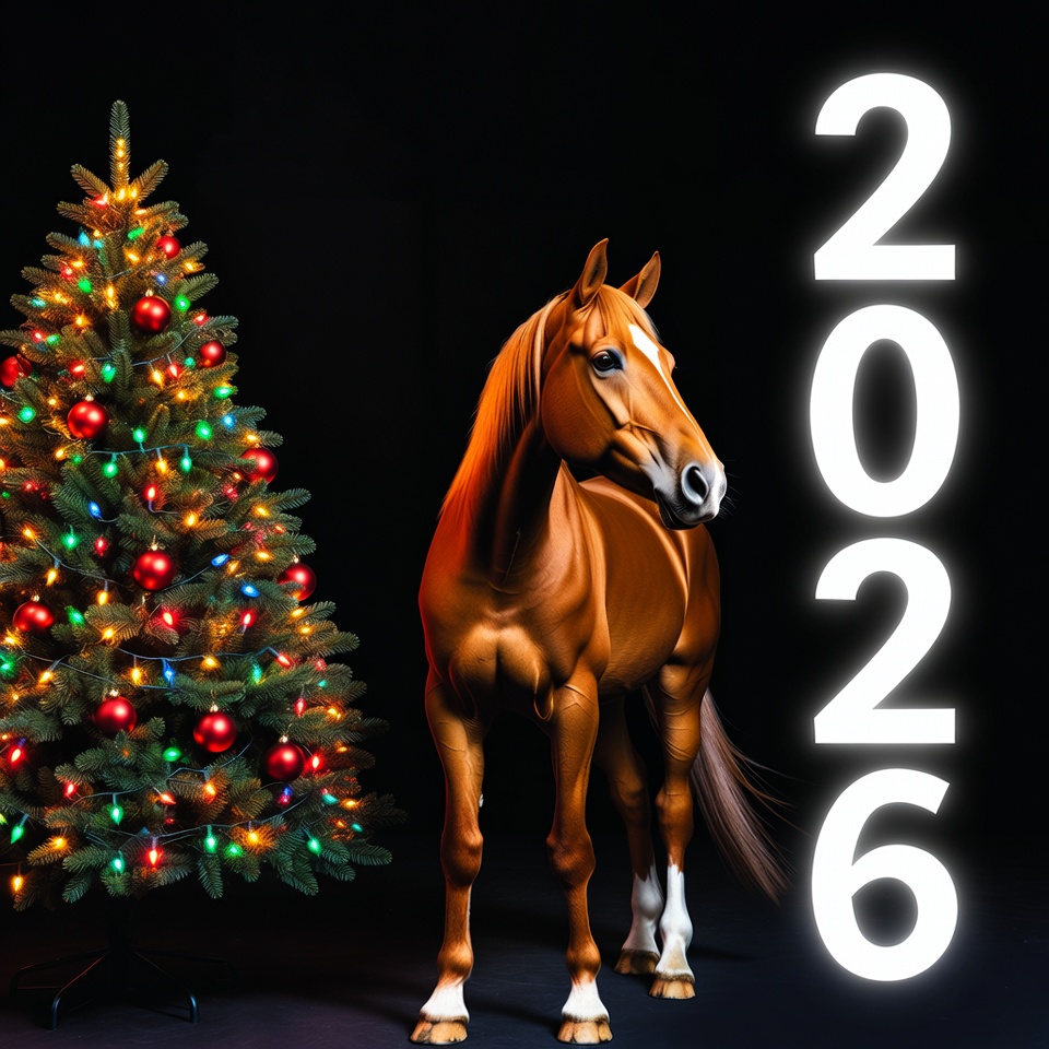 Festive horse beside christmas tree Festive horse beside christmas tree