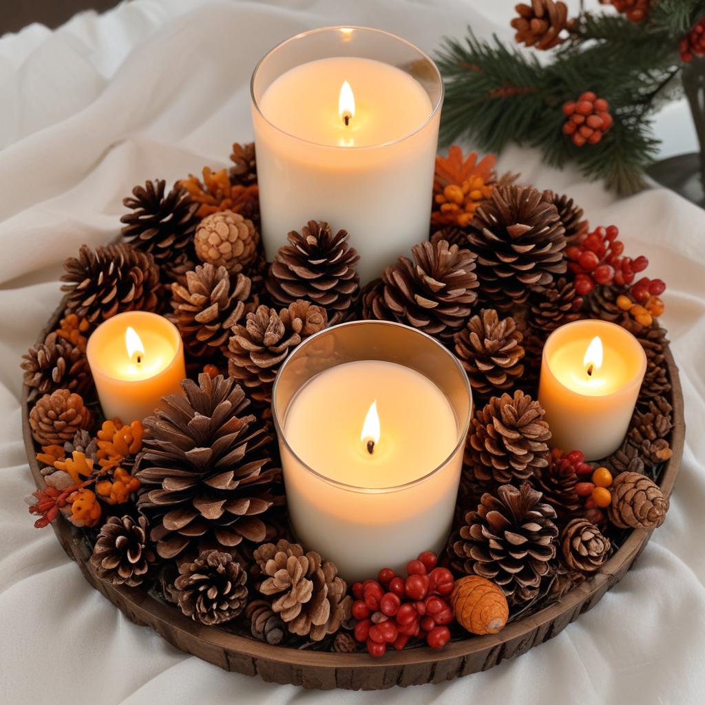 Candle centerpiece with pinecones Candle centerpiece with pinecones