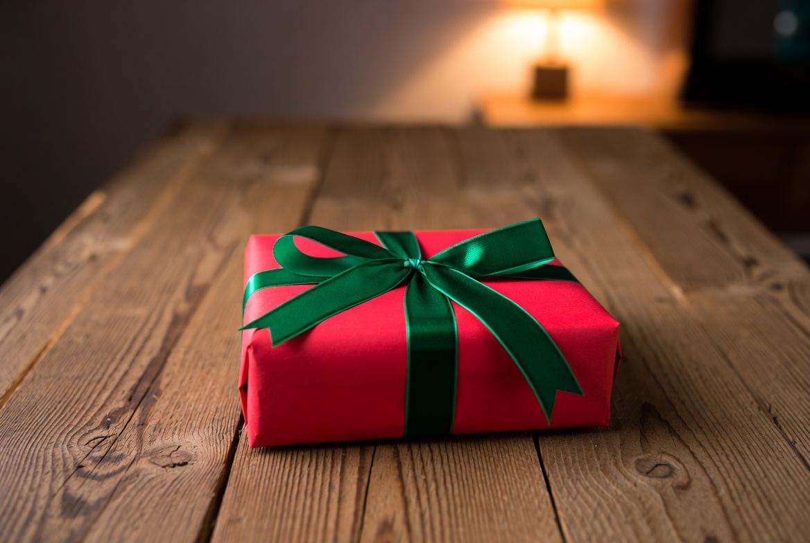 Brightly wrapped gift on table Brightly wrapped gift on table