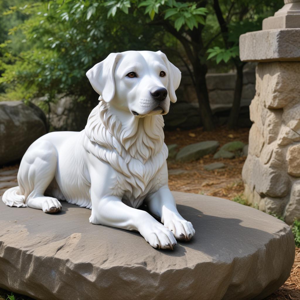 White dog sculpture in garden White dog sculpture in garden