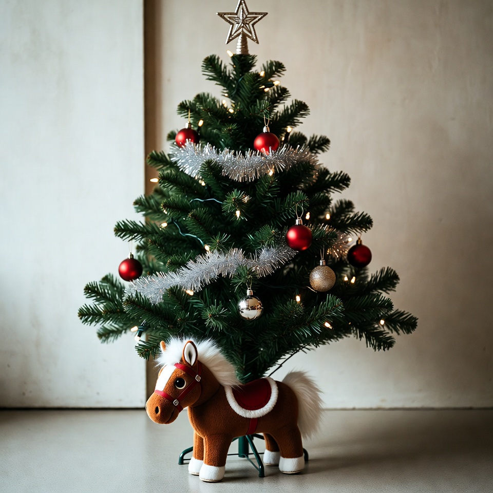 Christmas tree with decor and toy horse Christmas tree with decor and toy horse