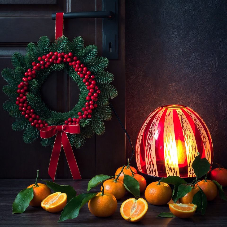 Festive wreath and orange arrangement Festive wreath and orange arrangement