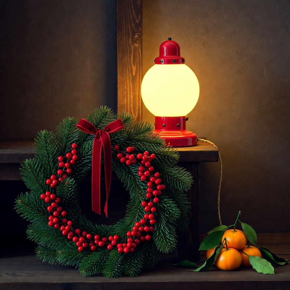 Festive wreath with glowing lamp display Festive wreath with glowing lamp display