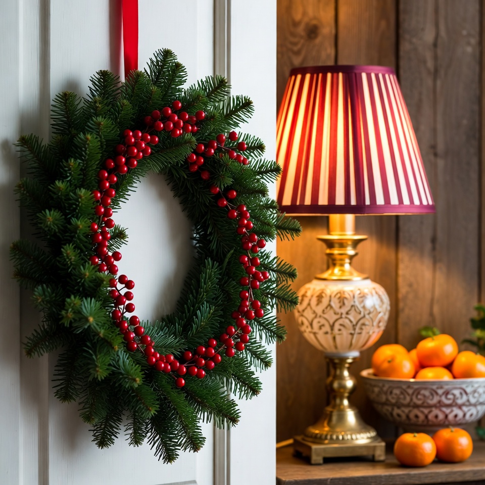 Festive wreath and cozy lamp display Festive wreath and cozy lamp display
