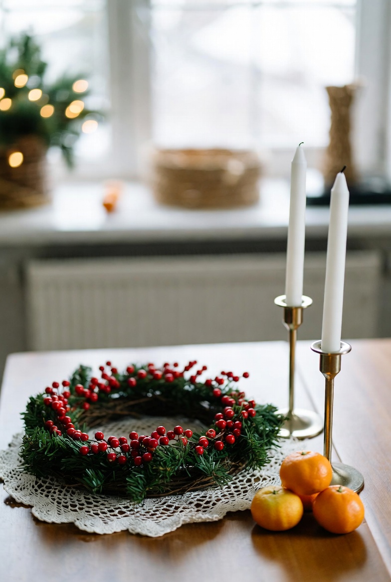 Holiday table setting with candles and decor Holiday table setting with candles and decor