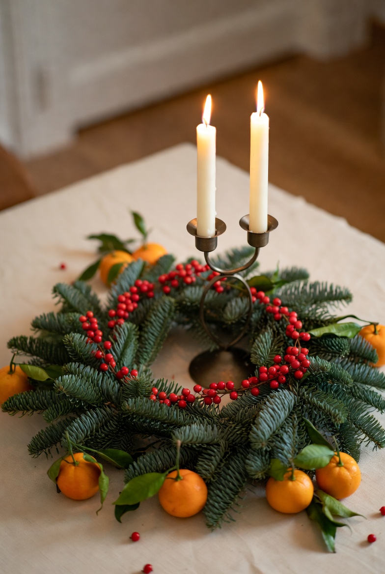 Festive wreath with candles and fruit Festive wreath with candles and fruit