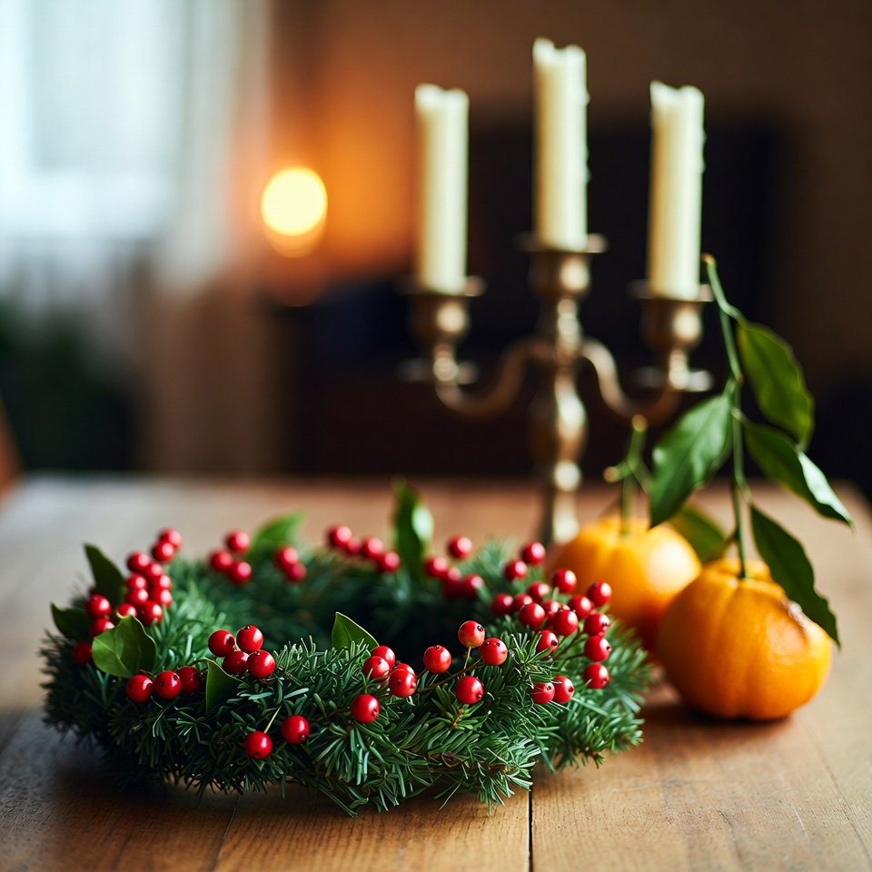 Wreath and oranges on a table Wreath and oranges on a table