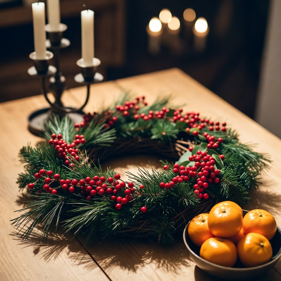 Festive table setting with wreath Festive table setting with wreath