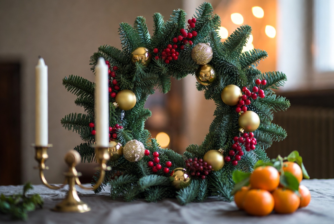 Festive wreath with oranges on table Festive wreath with oranges on table
