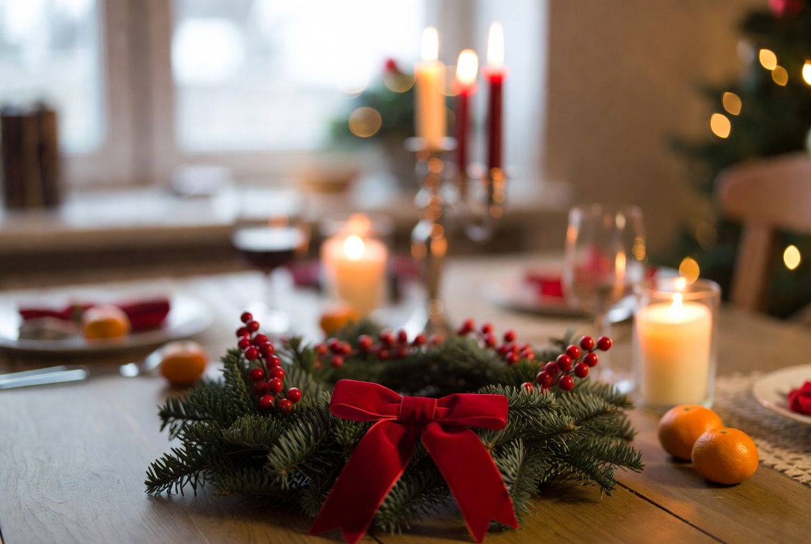 Warm holiday table setting with decor Warm holiday table setting with decor